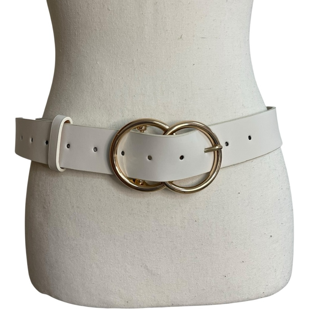 Faux Leather Belt with Double O Ring Buckle White Gold